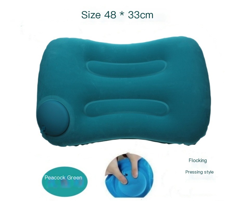 Inflatable travel pillow with multiple colors available, easy press-to-inflate function, and mouth blowing rejection