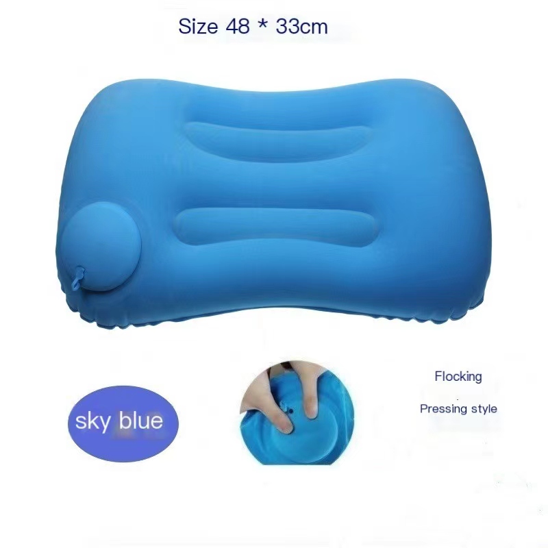 Inflatable travel pillow with multiple colors available, easy press-to-inflate function, and mouth blowing rejection