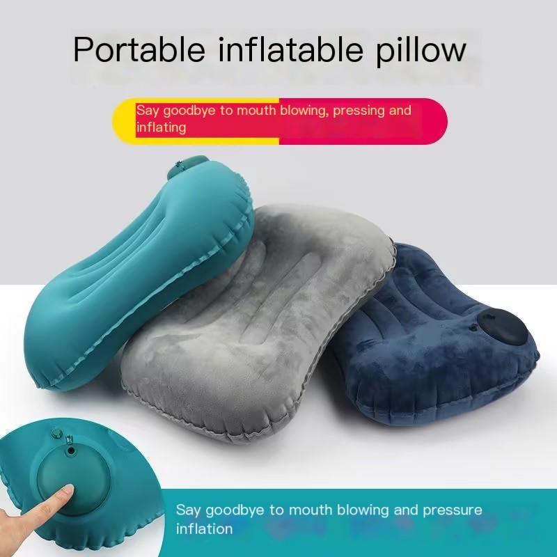 Inflatable travel pillow with multiple colors available, easy press-to-inflate function, and mouth blowing rejection.