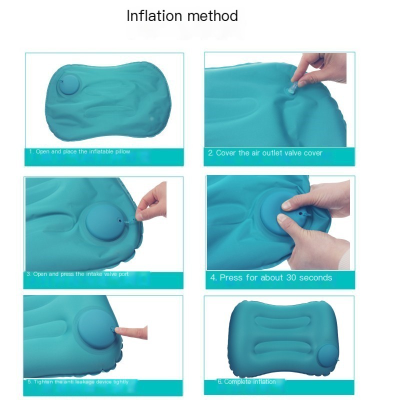 Inflatable travel pillow with multiple colors available, easy press-to-inflate function, and mouth blowing rejection