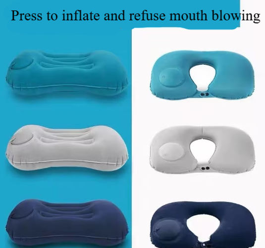 Inflatable travel pillow with multiple colors available, easy press-to-inflate function, and mouth blowing rejection