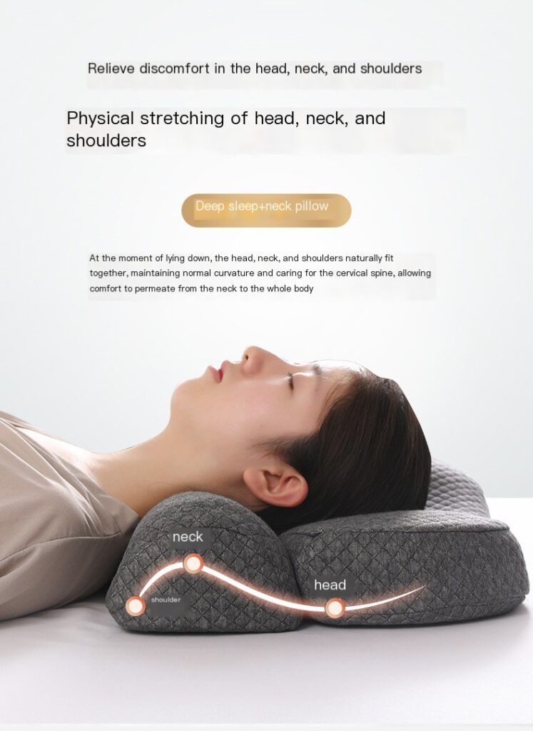 Contoured pillow providing head and neck support, suitable for all sleeping positions.