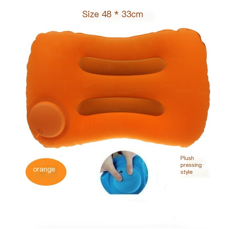 Inflatable travel pillow with multiple colors available, easy press-to-inflate function, and mouth blowing rejection